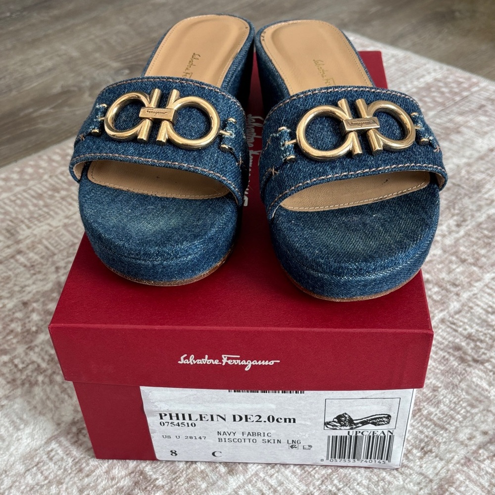 Salvatore Ferragamo Navy Denim Slides with Gold Buckle